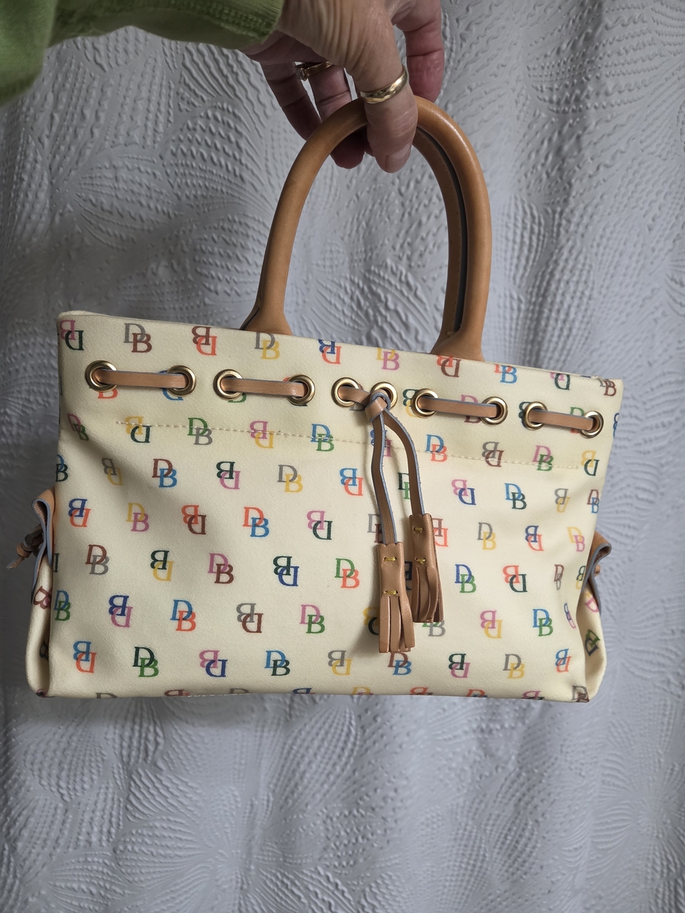 Vintage Dooney & Bourke Cream Multicolor DB Logo Tote with Tan Leather Trim